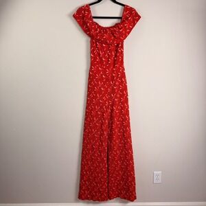 Nightcap Clothing Red Lace Crochet Wide Leg‎ Jumpsuit Open Back Ruffle XS
